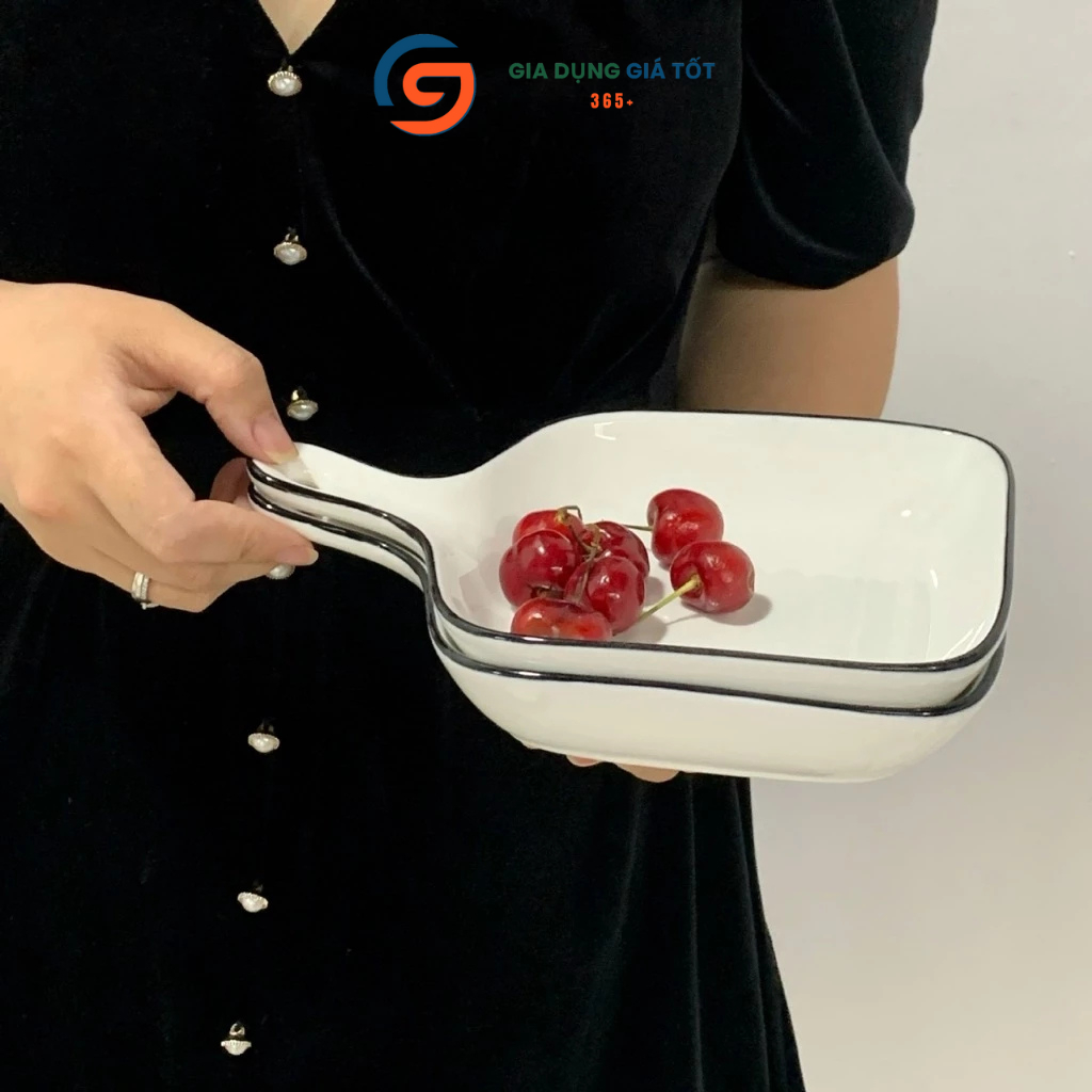 Đĩa sứ vuông có tay cầm viền đen - đĩa ăn tráng men sang trọng cho nhà hàng, quán ăn, gia đình