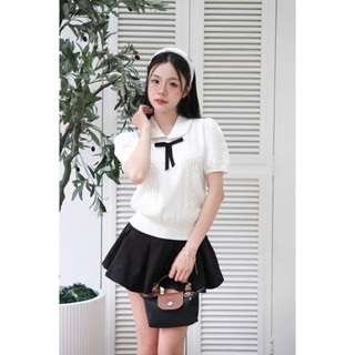 Áo Len Nữ Dáng Ôm Ngắn Tay Phối Nơ Cổ Điệu Đà – Phong Cách Tiểu Thư Gemini