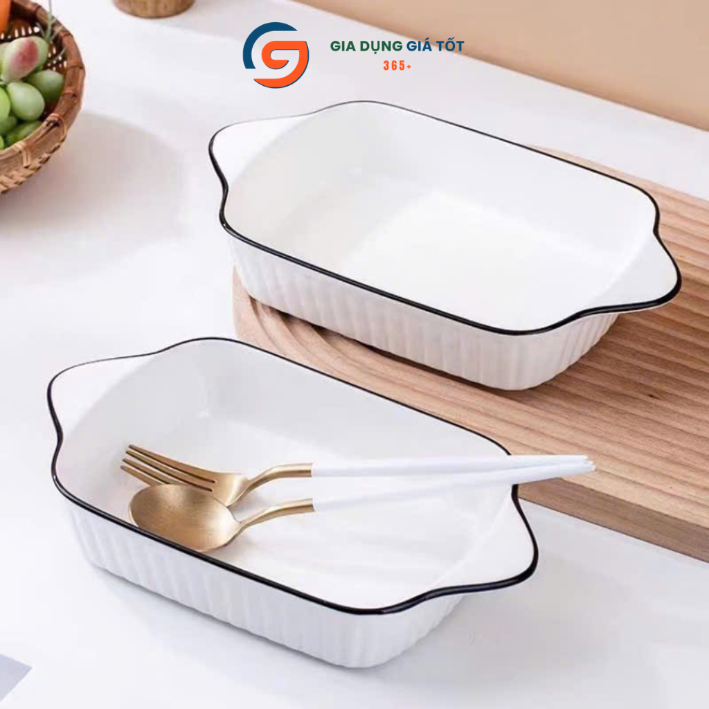 Khay sứ chữ nhật cao cấp có quai viền đen - đĩa sứ chịu nhiệt dùng lò nướng bày món Âu Á sang trọng