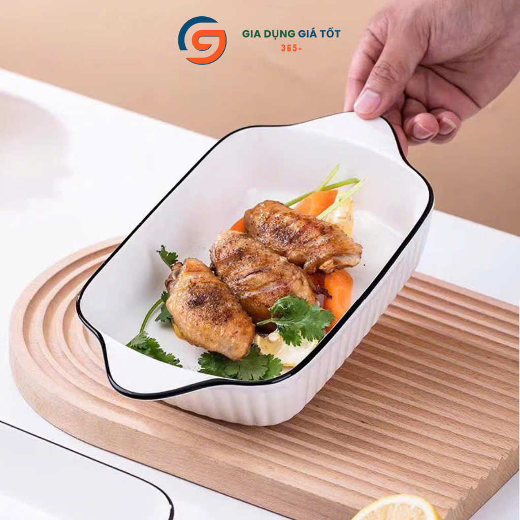 Khay sứ chữ nhật cao cấp có quai viền đen - đĩa sứ chịu nhiệt dùng lò nướng bày món Âu Á sang trọng