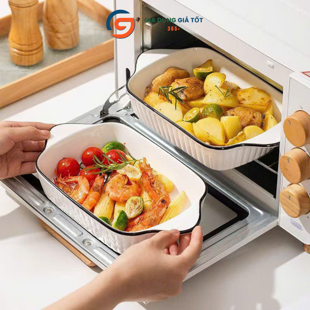 Khay sứ chữ nhật cao cấp có quai viền đen - đĩa sứ chịu nhiệt dùng lò nướng bày món Âu Á sang trọng