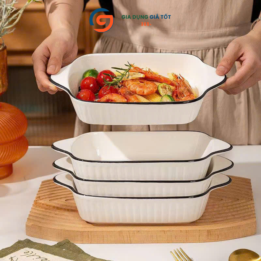 Khay sứ chữ nhật cao cấp có quai viền đen - đĩa sứ chịu nhiệt dùng lò nướng bày món Âu Á sang trọng