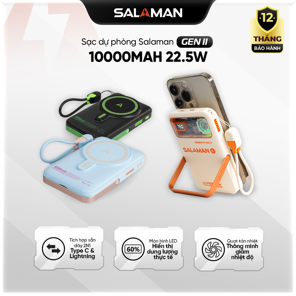 Sạc Dự Phòng Salaman AirFan GEN II 10000mAh–Sạc Nhanh 22.5W,Dây 2in1 ...