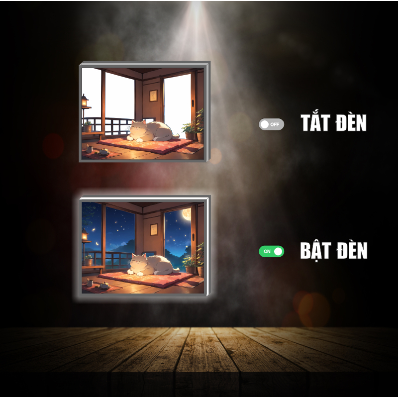 Tranh đèn led 3D đổi màu  Mèo bên cửa sổ - Tranh đèn led 3D  trang trí bàn làm việc, đèn ngủ