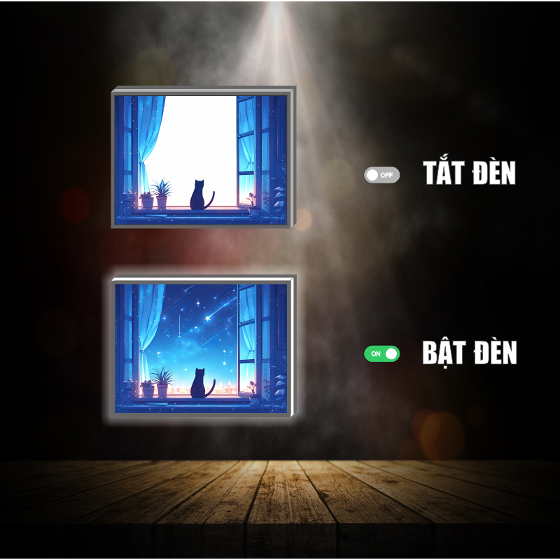 Tranh đèn led 3D đổi màu  Mèo bên cửa sổ - Tranh đèn led 3D  trang trí bàn làm việc, đèn ngủ