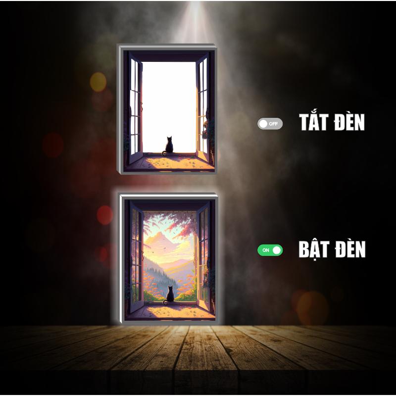 Tranh đèn led 3D đổi màu  Mèo bên cửa sổ - Tranh đèn led 3D  trang trí bàn làm việc, đèn ngủ