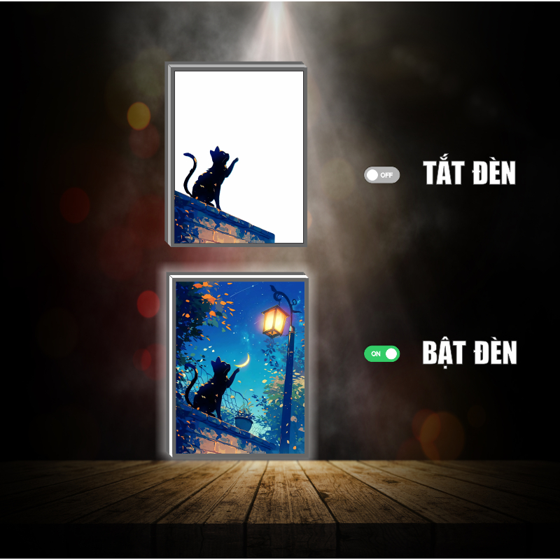 Tranh đèn led 3D đổi màu  Mèo bên cửa sổ - Tranh đèn led 3D  trang trí bàn làm việc, đèn ngủ