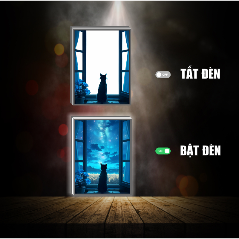 Tranh đèn led 3D đổi màu  Mèo bên cửa sổ - Tranh đèn led 3D  trang trí bàn làm việc, đèn ngủ