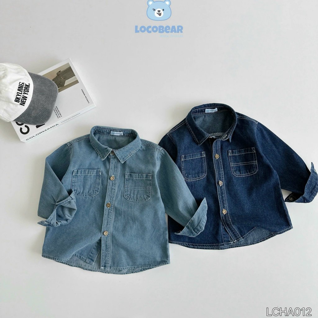 Áo sơ mi bò phối  túi phong cách Hàn Quốc, áo sơ mi jeans dài tay bé trai LCHA012