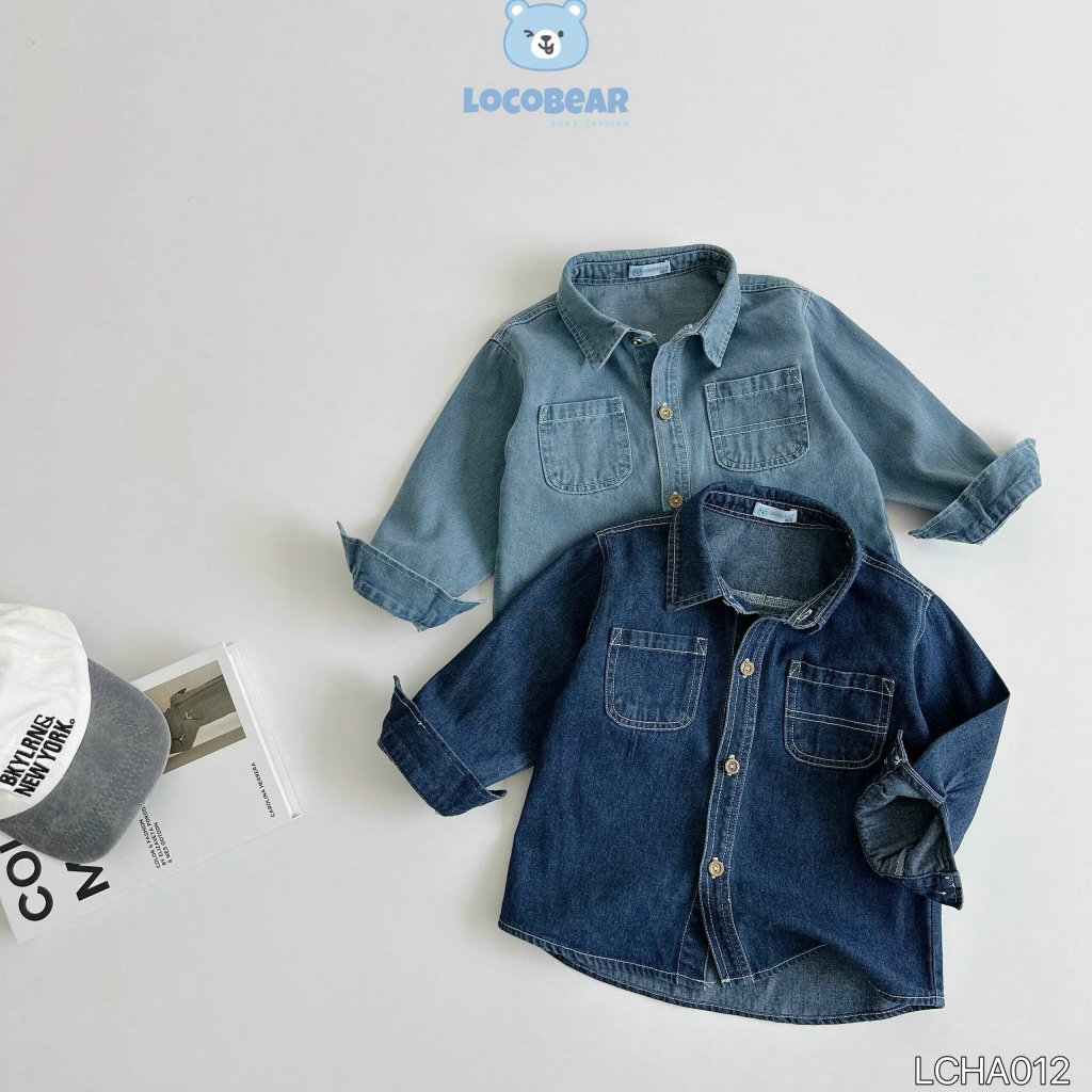 Áo sơ mi bò phối  túi phong cách Hàn Quốc, áo sơ mi jeans dài tay bé trai LCHA012