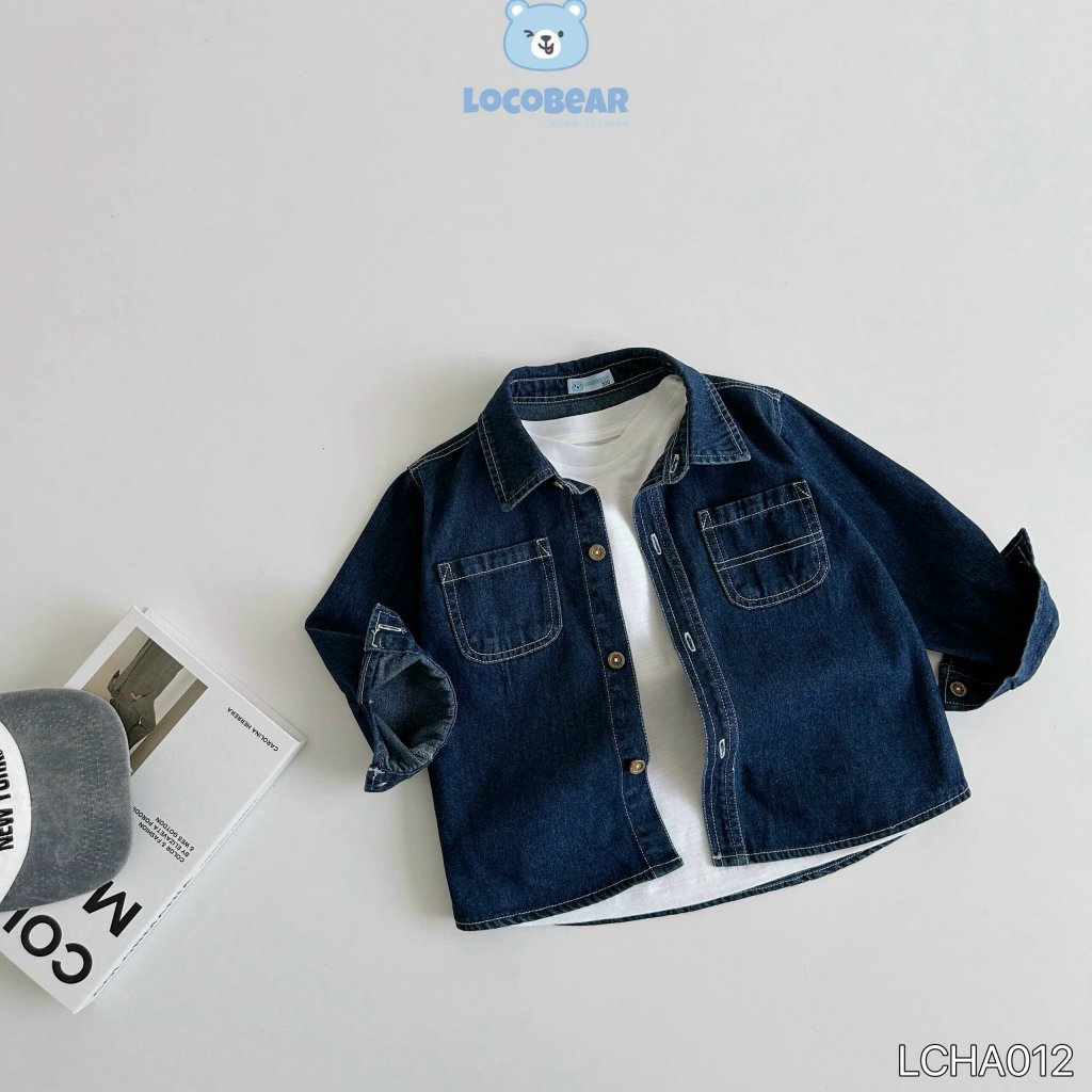 Áo sơ mi bò phối  túi phong cách Hàn Quốc, áo sơ mi jeans dài tay bé trai LCHA012