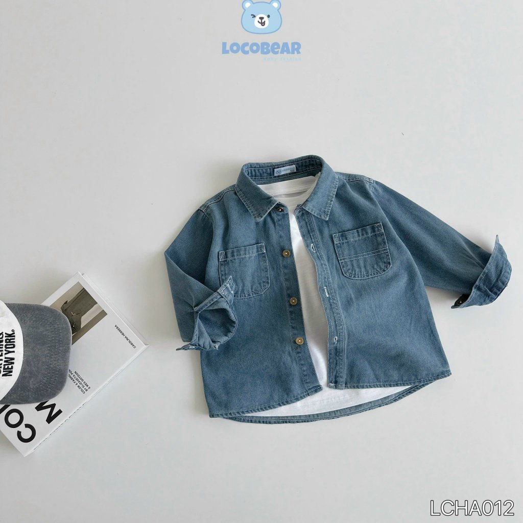 Áo sơ mi bò phối  túi phong cách Hàn Quốc, áo sơ mi jeans dài tay bé trai LCHA012