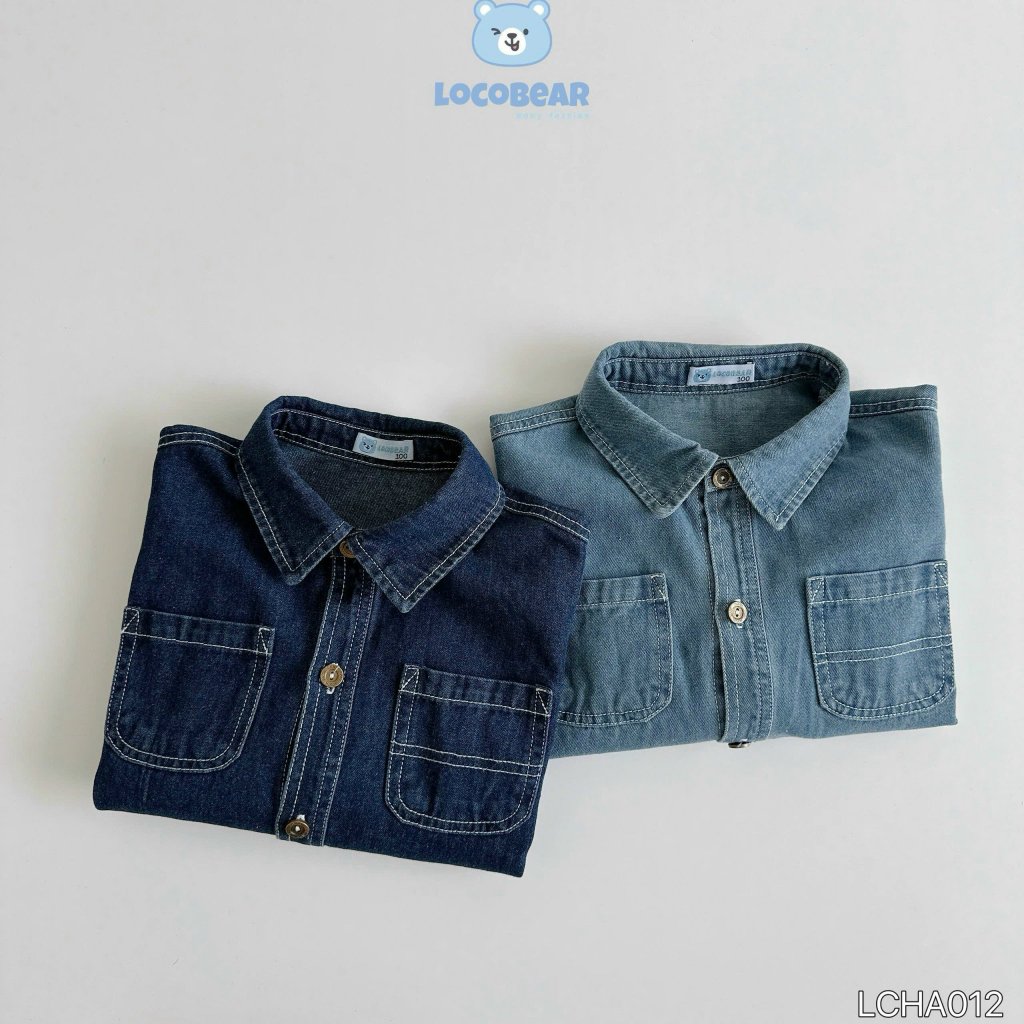 Áo sơ mi bò phối  túi phong cách Hàn Quốc, áo sơ mi jeans dài tay bé trai LCHA012