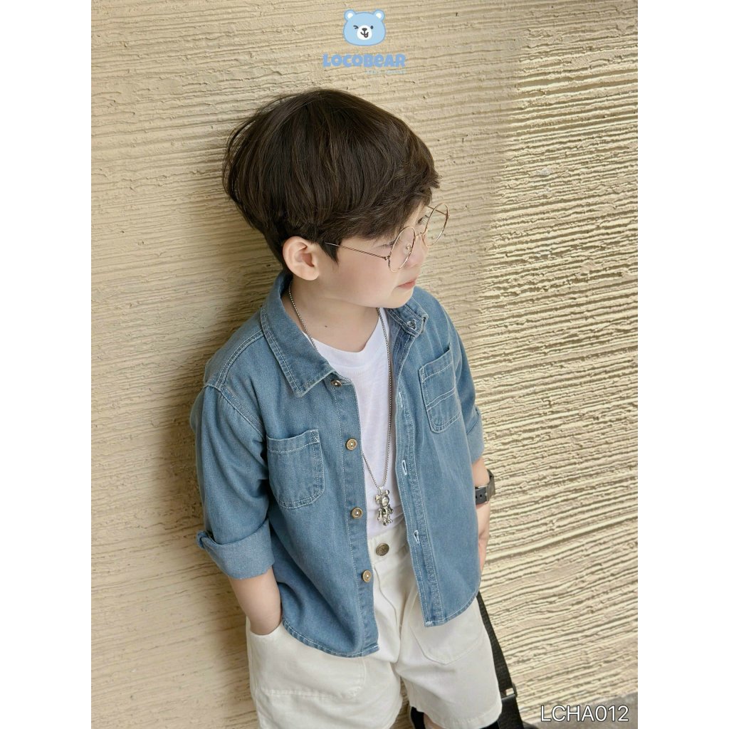 Áo sơ mi bò phối  túi phong cách Hàn Quốc, áo sơ mi jeans dài tay bé trai LCHA012