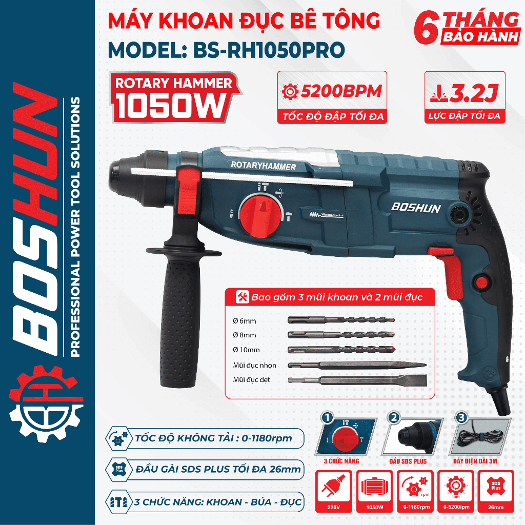 Máy Khoan Bê Tông Điện BS-RH1050PRO BOSHUN 3 Chức Năng Đầu Kẹp 10mm, kèm bộ 24 chi tiết