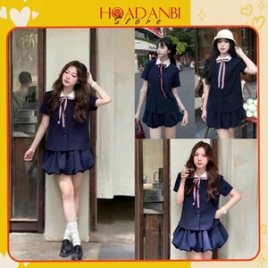 Set váy nữ Set áo sơ mi xanh cổ sen kèm nơ tiểu thư mix chân váy bí phồng, Set đồ nữ tiểu thư