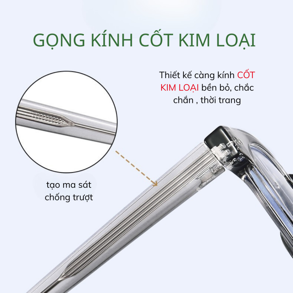 Mắt kính cận nam nữ gọng cốt kim loại cap cấp mắt vuông không độ chống tia UV và ánh sáng xanh HANASO 550