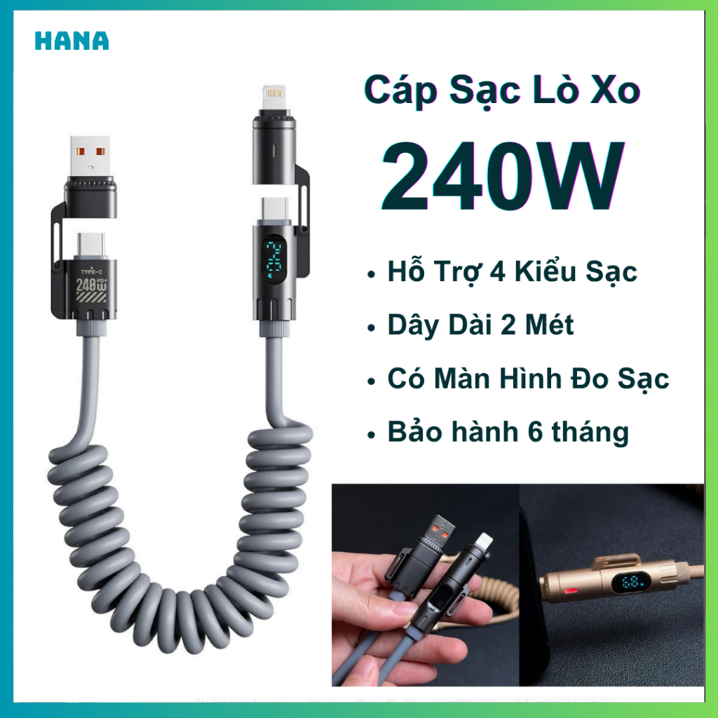 Dây Sạc Nhanh Lò Xo 240W - Đa Năng 4 Trong 1 - Hãng Basemo 2 Mét – Hỗ trợ Carplay - Có Màn Hình Hiển Thị Công Suất