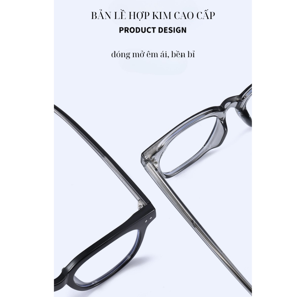 Mắt kính cận nam nữ gọng cốt kim loại cap cấp mắt vuông không độ chống tia UV và ánh sáng xanh HANASO 550