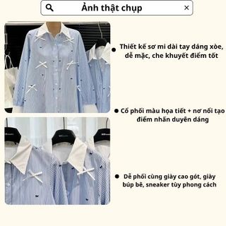 Đầm nữ,váy nữ sơ mi dài tay dang xòe gấu thiết kế kẻ xanh phối màu cổ họa tiết đính nơ nổi siêu xinh HCOM3230 YuuMiStyle