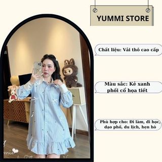 Đầm nữ,váy nữ sơ mi dài tay dang xòe gấu thiết kế kẻ xanh phối màu cổ họa tiết đính nơ nổi siêu xinh HCOM3230 YuuMiStyle