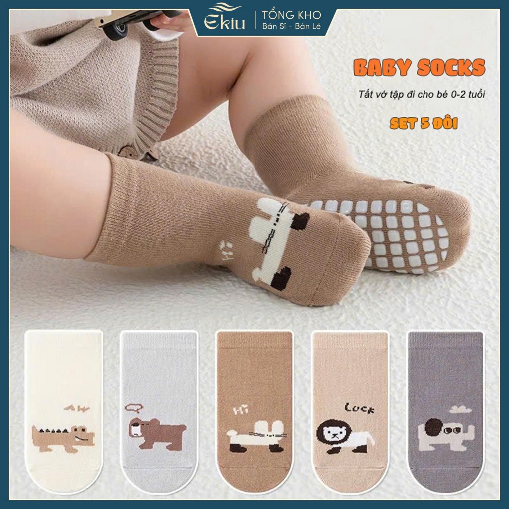 [COMBO 5 ĐÔI] vớ cotton mềm mại có lớp silicon chống trơn trượt cho bé 0-2 tuổi -  Ekiu Shop