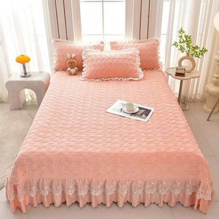 sét ga gối nỉ trơn 3 món bèo ren công chúa ga phủ chun cài tao phong cách nữ tính sang trong