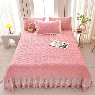 sét ga gối nỉ trơn 3 món bèo ren công chúa ga phủ chun cài tao phong cách nữ tính sang trong