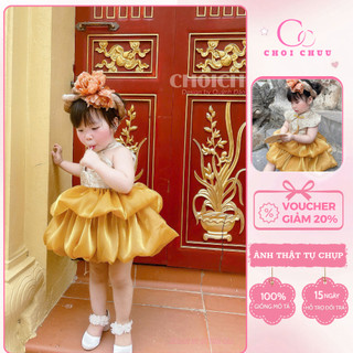 Váy Trung Thu CHOICHUU đầm công chúa gấm vàng 2 tầng cho bé gái
