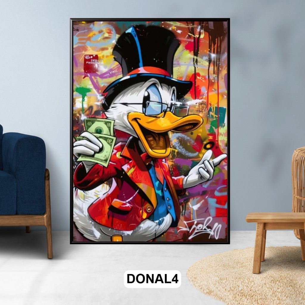 Tranh Gỗ Tráng Gương Có Khung Chủ Đề Money Donald Duck Phong Cách Hiện Đại Decor Phòng Khách Không Gian Làm Việc