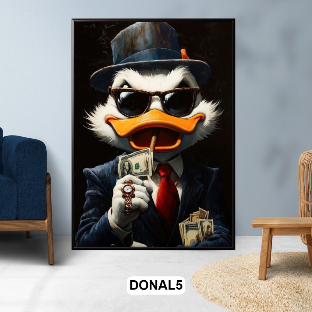Tranh Gỗ Tráng Gương Có Khung Chủ Đề Money Donald Duck Phong Cách Hiện Đại Decor Phòng Khách Không Gian Làm Việc
