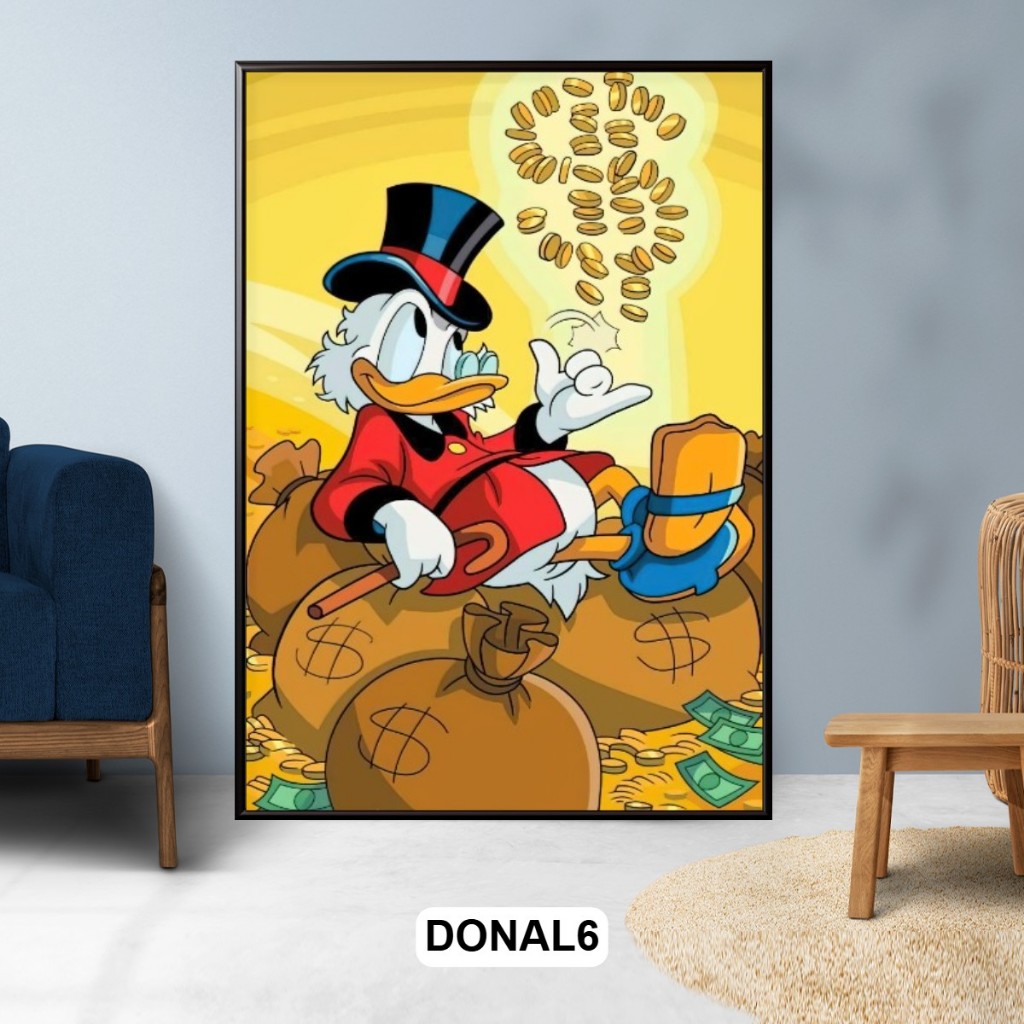 Tranh Gỗ Tráng Gương Có Khung Chủ Đề Money Donald Duck Phong Cách Hiện Đại Decor Phòng Khách Không Gian Làm Việc