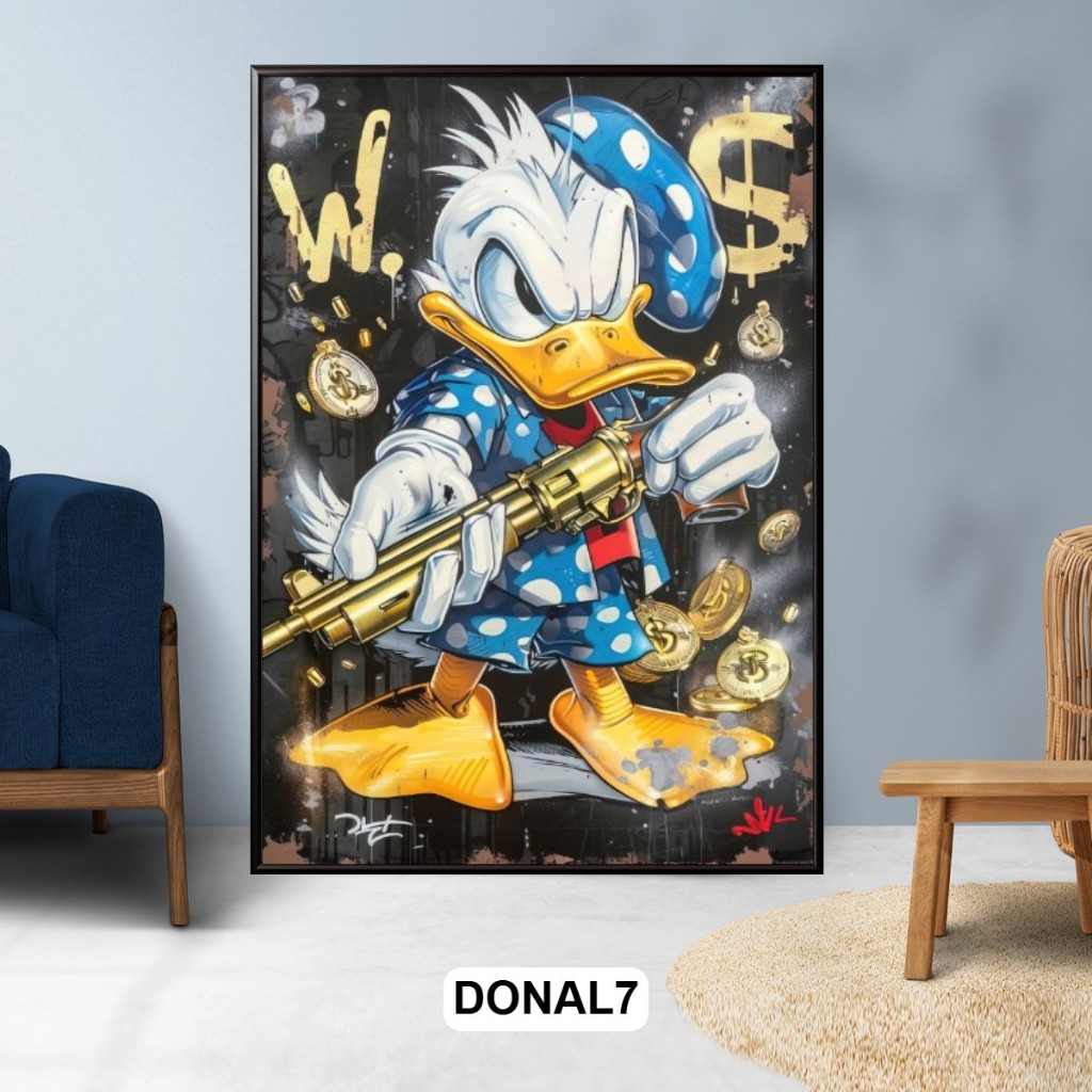 Tranh Gỗ Tráng Gương Có Khung Chủ Đề Money Donald Duck Phong Cách Hiện Đại Decor Phòng Khách Không Gian Làm Việc
