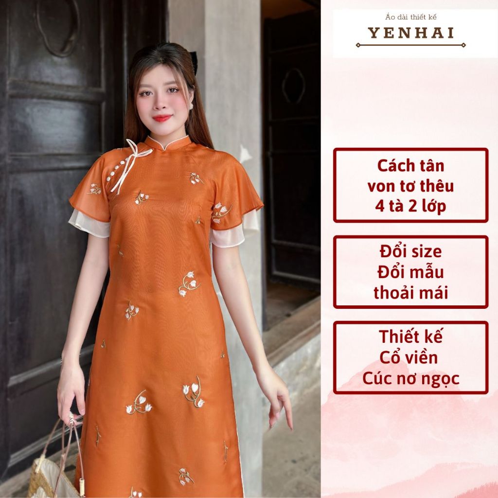 CT1988 - Áo dài cách tân thêu hoa nhí màu cam đất