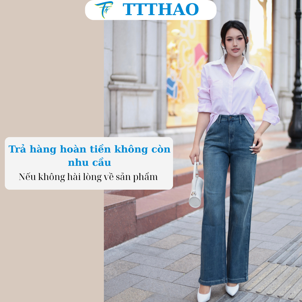 Quần jeans nữ ống suông TTTHAO cao cấp kiểu dáng quần jeans nữ ống rộng dài 103cm VNXK phong cách quần jean nữ basic J16