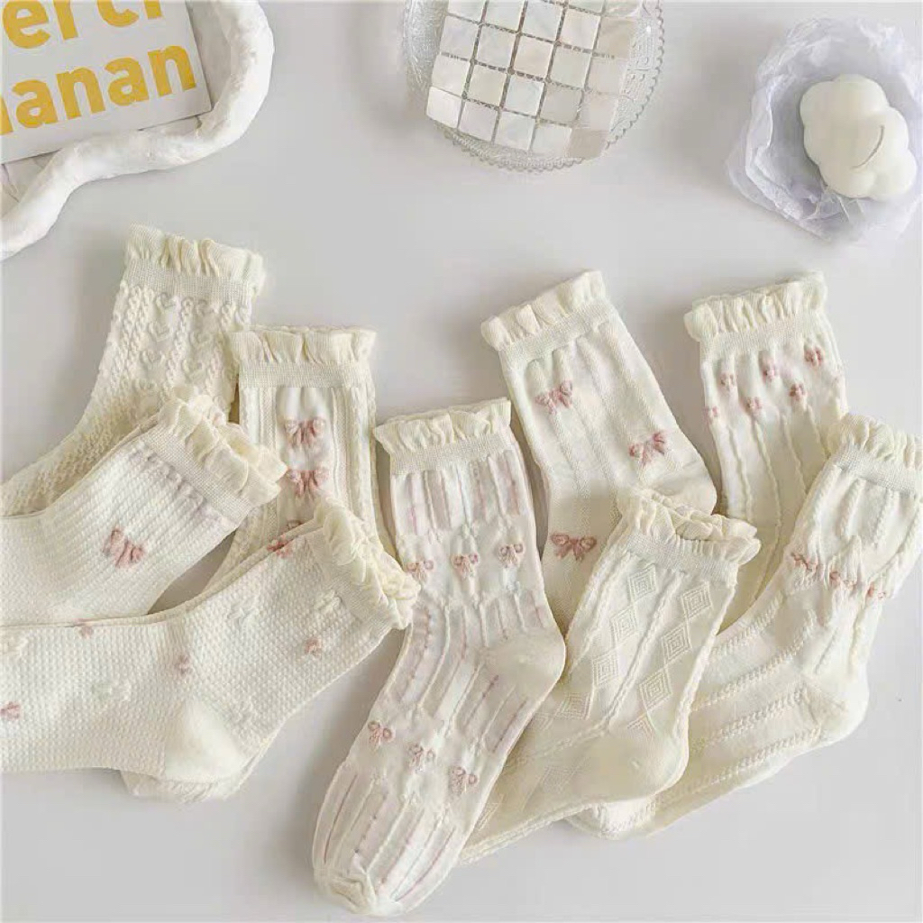 Túi 10 đôi tất cổ cao nơ hồng cổ bèo tt76