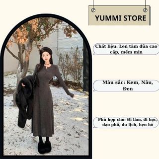 Váy nữ midi dài tay len tăm đũa cúc cổ HCOM2756, đầm nữ dáng dài xòe thiết kế ôm body tôn dáng siêu xinh YuuMi Style