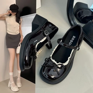 Giày Đốc Nữ Đế Cao 5P Tiểu Thư Đính Nơ Xoè Viền Ren Phong Cách Hàn Quốc Mã V098