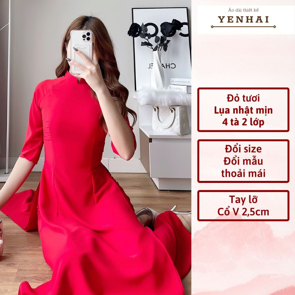 Áo dài truyền thống màu đỏ tươi chất lụa nhật thiết kế 4 tà 2 lớp tay lỡ cổ cao 2,5cm - B2
