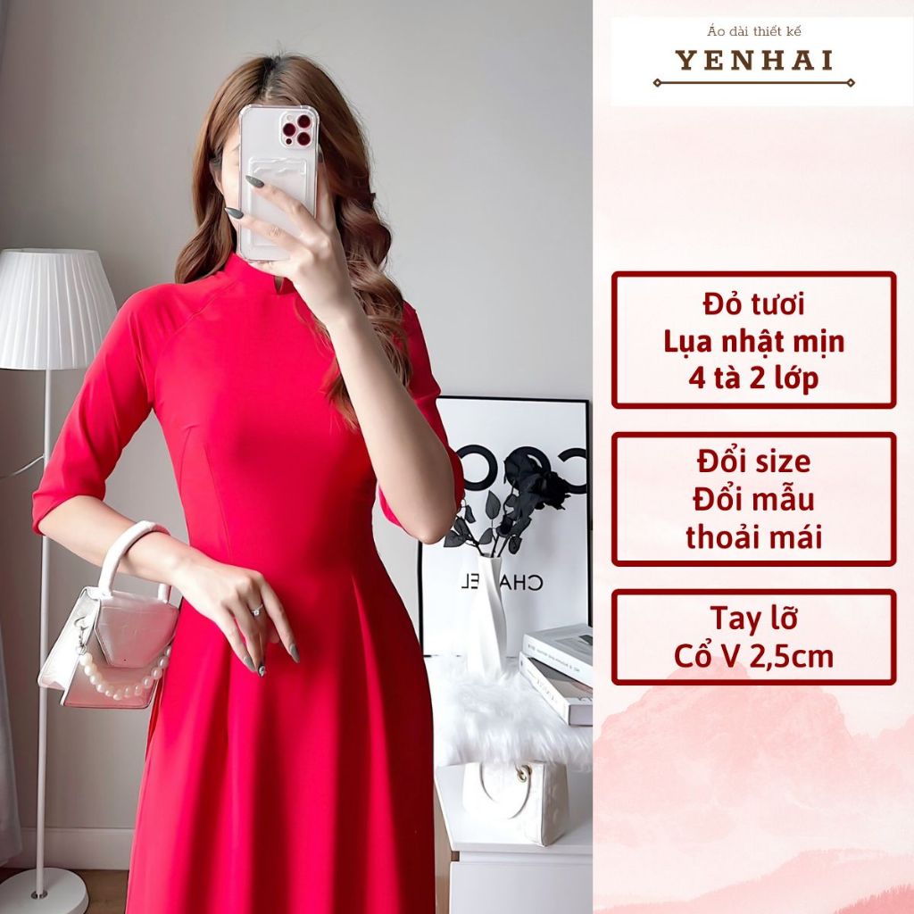 Áo dài truyền thống màu đỏ tươi chất lụa nhật thiết kế 4 tà 2 lớp tay lỡ cổ cao 2,5cm - B2