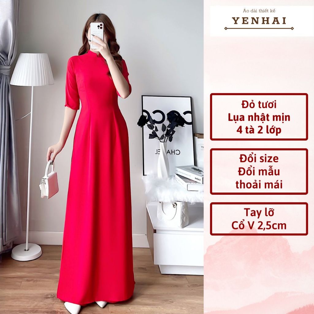Áo dài truyền thống màu đỏ tươi chất lụa nhật thiết kế 4 tà 2 lớp tay lỡ cổ cao 2,5cm - B2