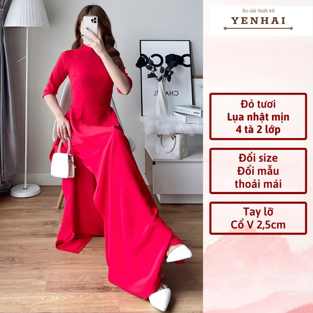 Áo dài truyền thống màu đỏ tươi chất lụa nhật thiết kế 4 tà 2 lớp tay lỡ cổ cao 2,5cm - B2