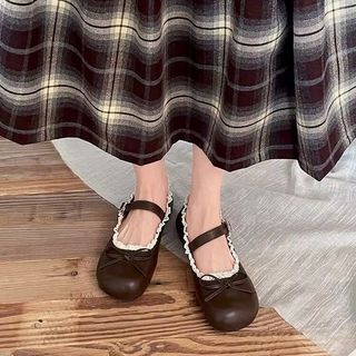Giày Búp Bê Nữ Đế Bệt Đính Nơ Mix Viền Ren Tiểu Thư Phong Cách Hàn Quốc V088
