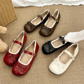 Giày Búp Bê Nữ Nơ Ren Khóa Thắt Lưng Đế Da Giày ballet Mềm Màu be nâu đen đỏ (size35-39) V088