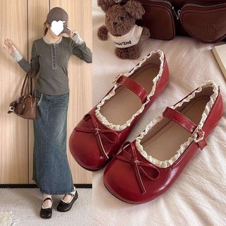 Giày Búp Bê Nữ Nơ Ren Khóa Thắt Lưng Đế Da Giày ballet Mềm Màu be nâu đen đỏ (size35-39) V088