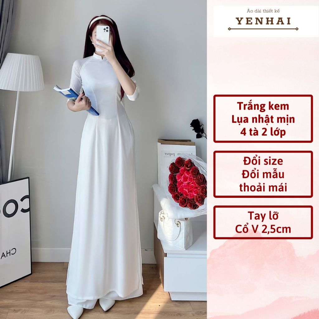 Áo dài truyền thống màu trắng 4 tà 2 lớp chất lụa nhật cao cấp thiết kế cổ cao 2,5cm tay lỡ - B3