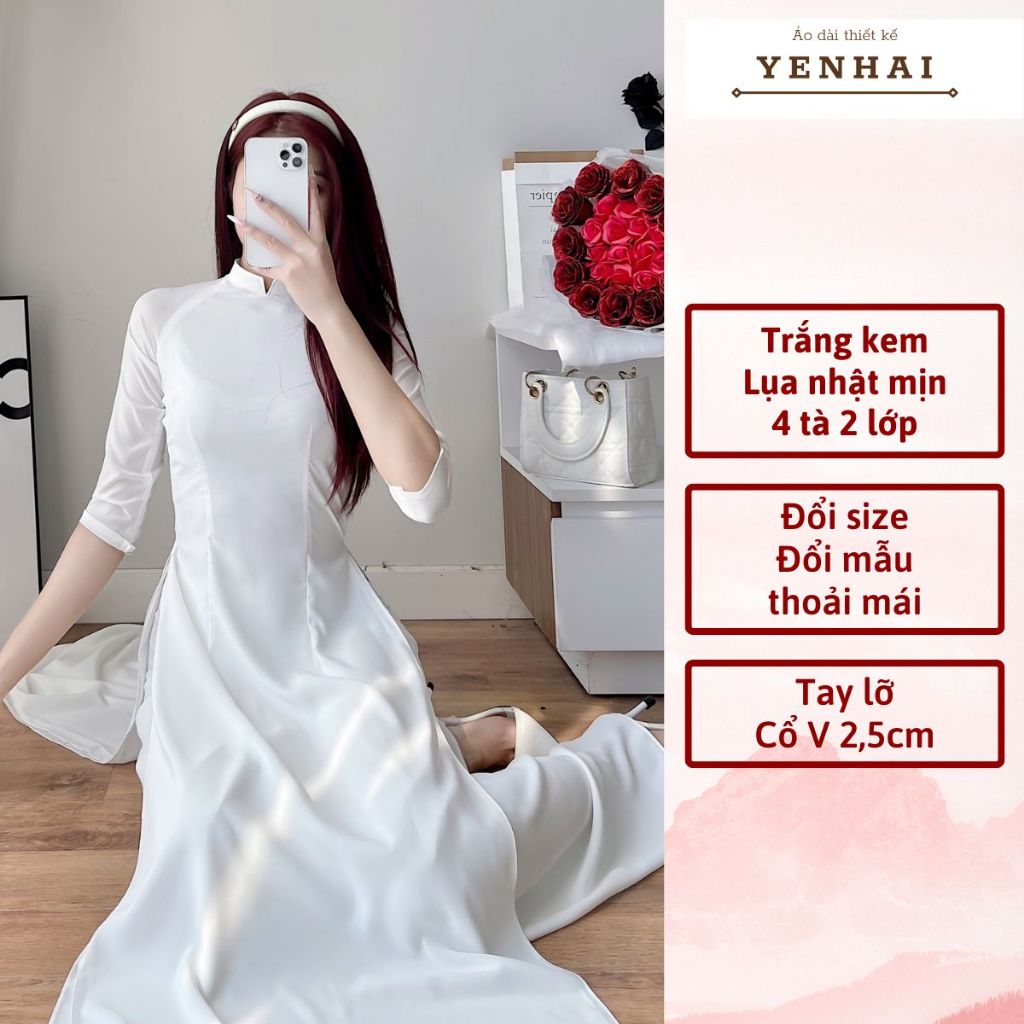 Áo dài truyền thống màu trắng 4 tà 2 lớp chất lụa nhật cao cấp thiết kế cổ cao 2,5cm tay lỡ - B3