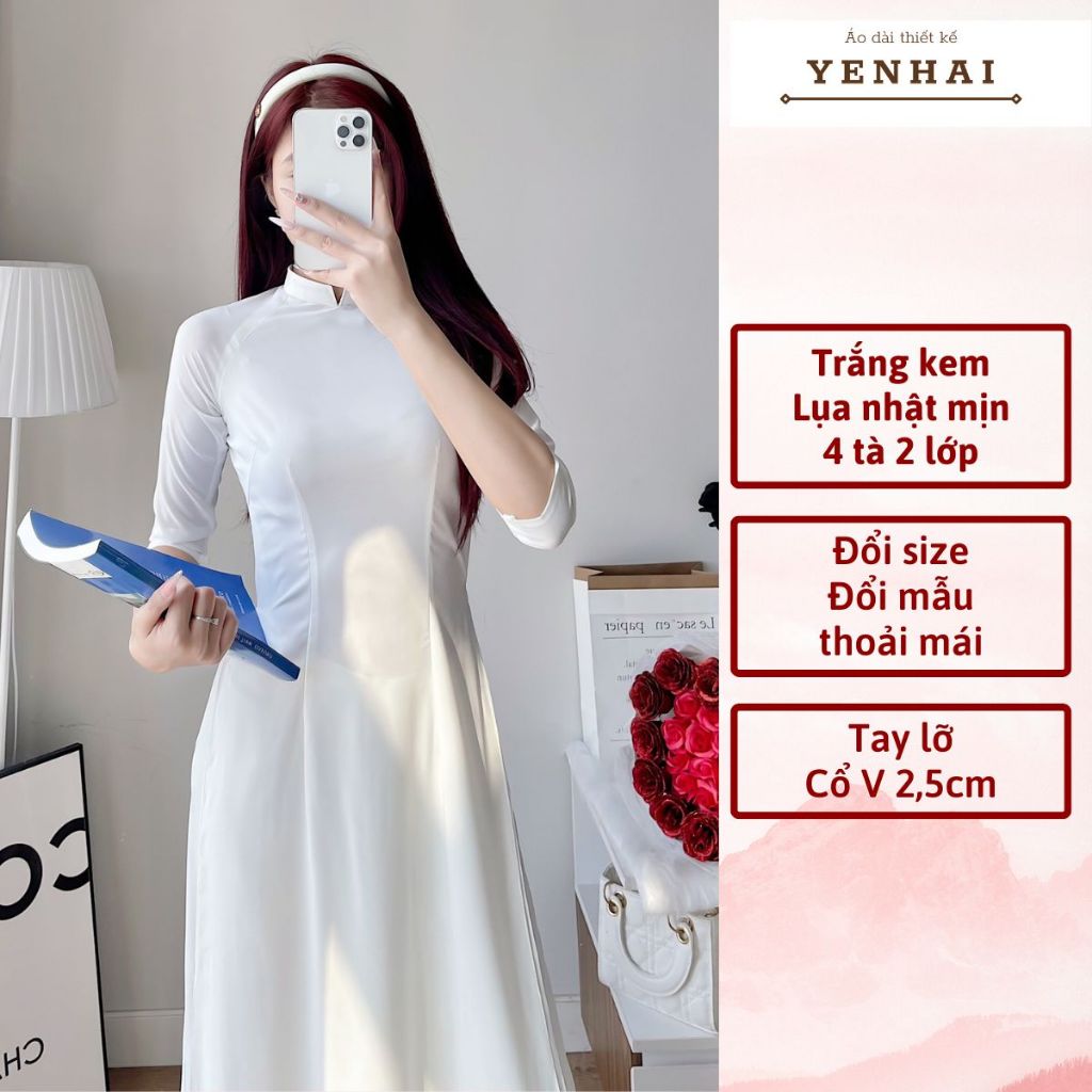 Áo dài truyền thống màu trắng 4 tà 2 lớp chất lụa nhật cao cấp thiết kế cổ cao 2,5cm tay lỡ - B3