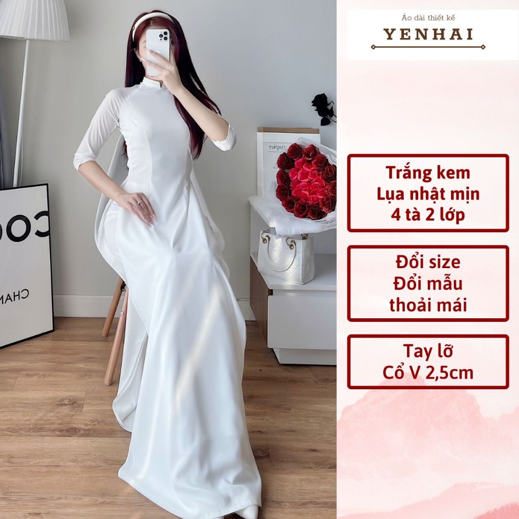 Áo dài truyền thống màu trắng 4 tà 2 lớp chất lụa nhật cao cấp thiết kế cổ cao 2,5cm tay lỡ - B3