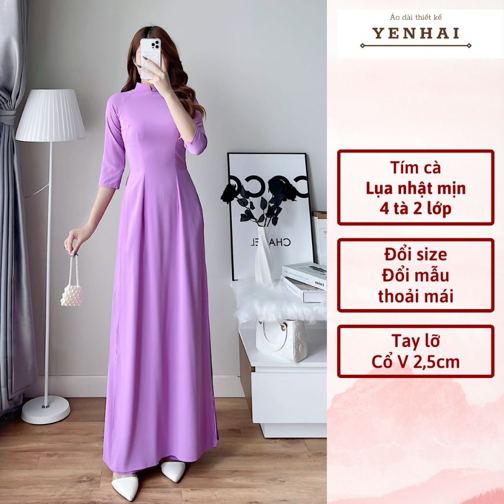 Áo dài truyền thống màu tím cà 4 tà 2 lớp lụa nhật thiết kế cổ cao 2,5cm tay lỡ - B4